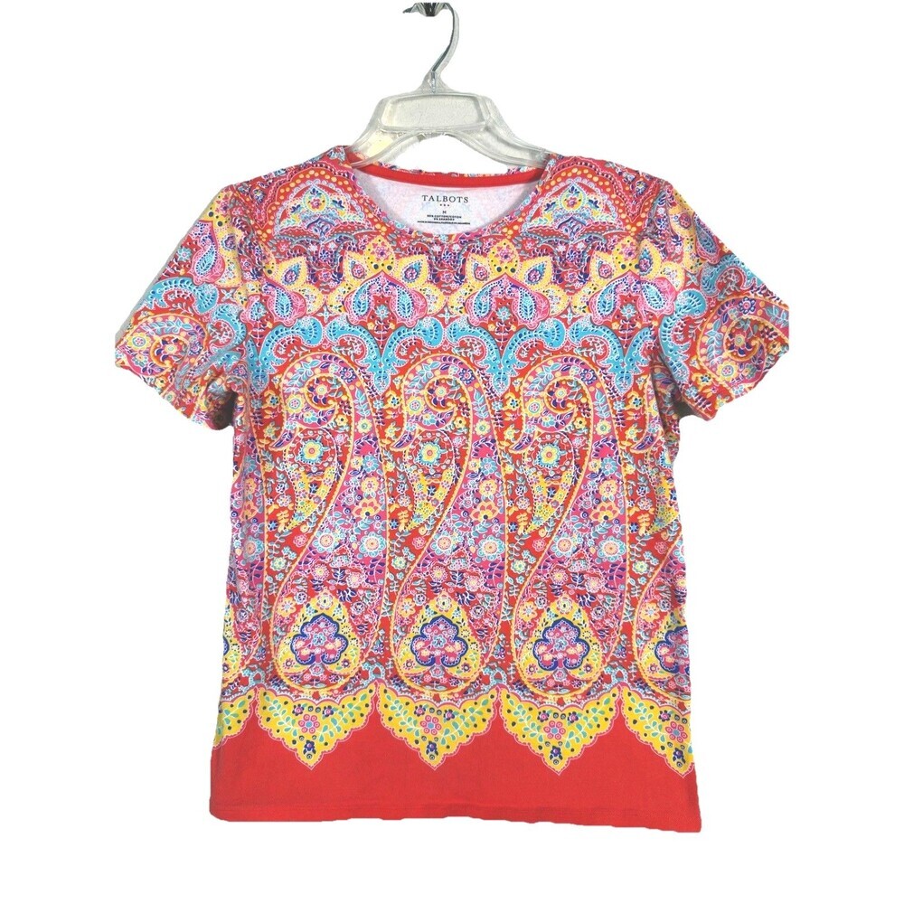 Talbots Paisley Top Womens Medium M Multicolor Short Sleeve Stretch Tee - Picture 2 of 5